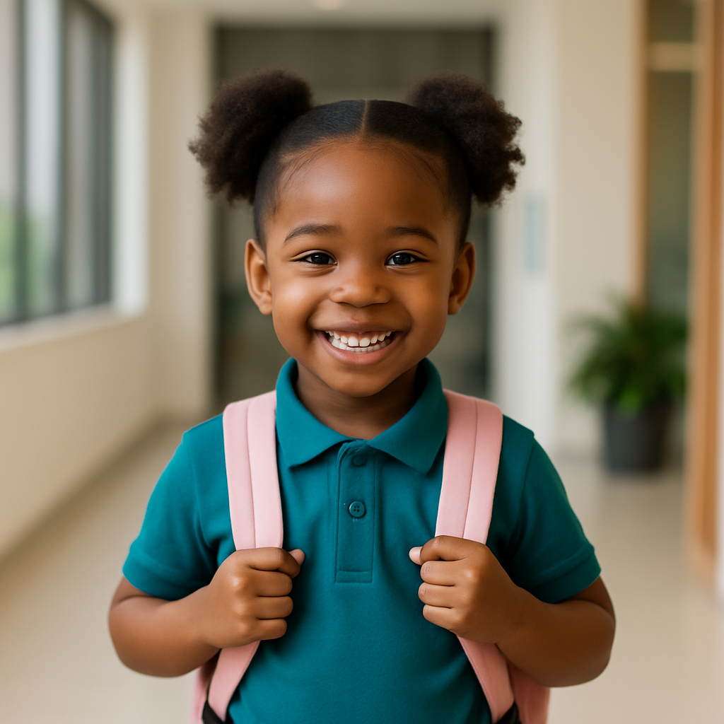 A young girl smiling and holding the straps of her pink backpack in a school hallway.