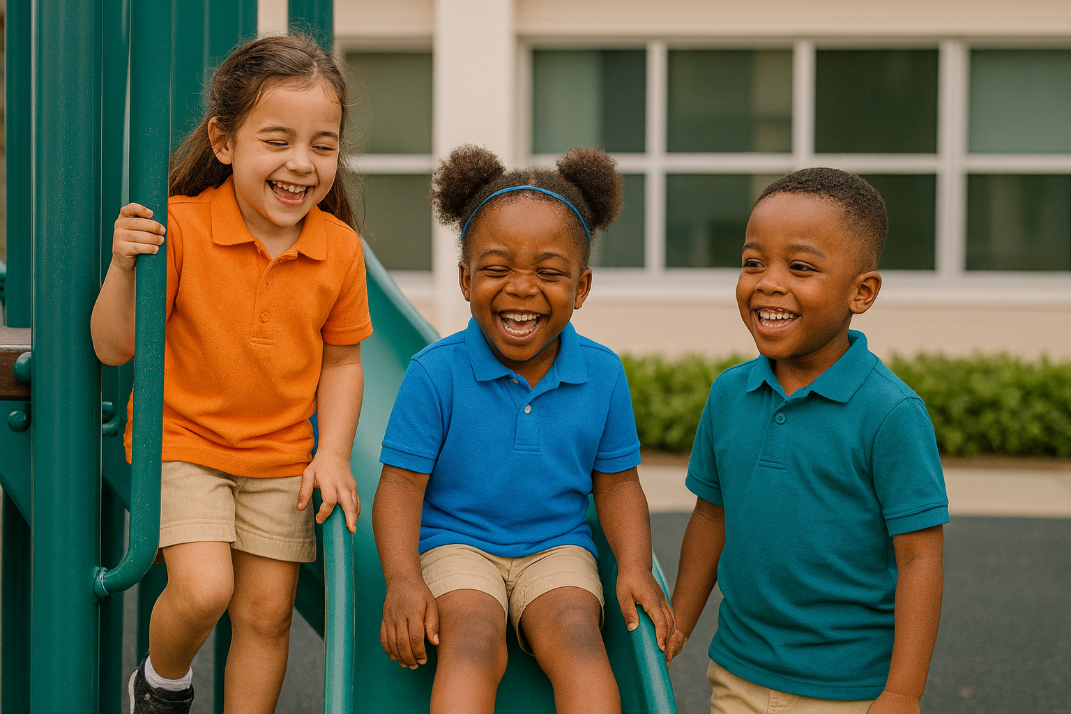 Three children, two boys and one girl, laughing and playing on a playground slide outside a school building.