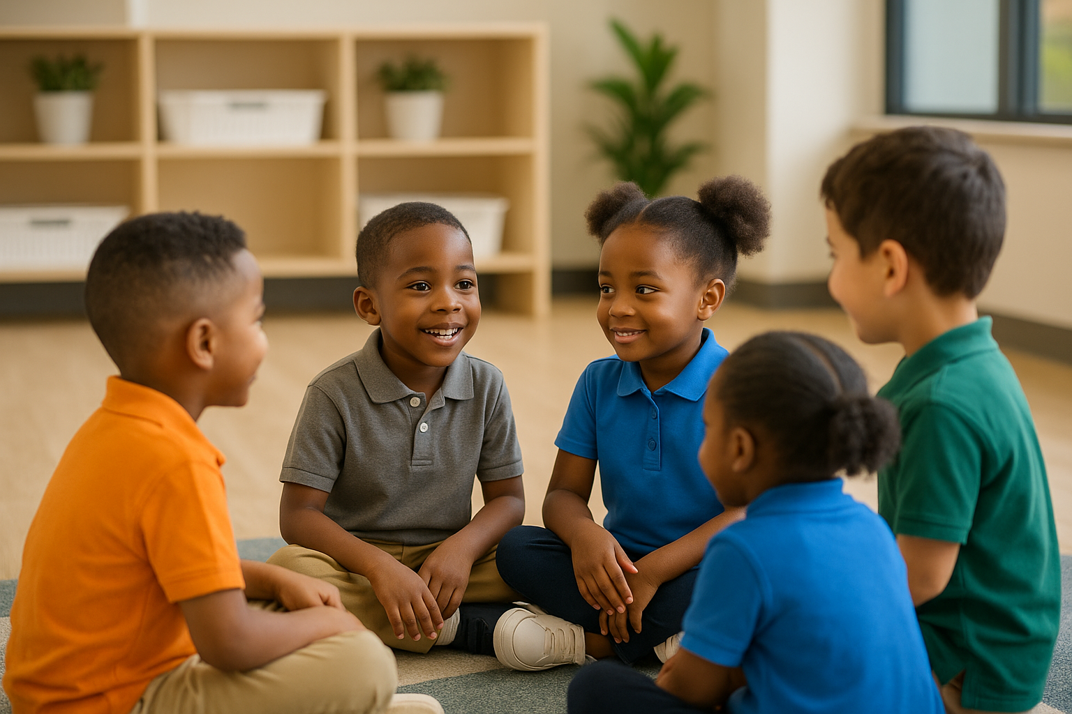Group of diverse children sitting on the floor and talking in classroom