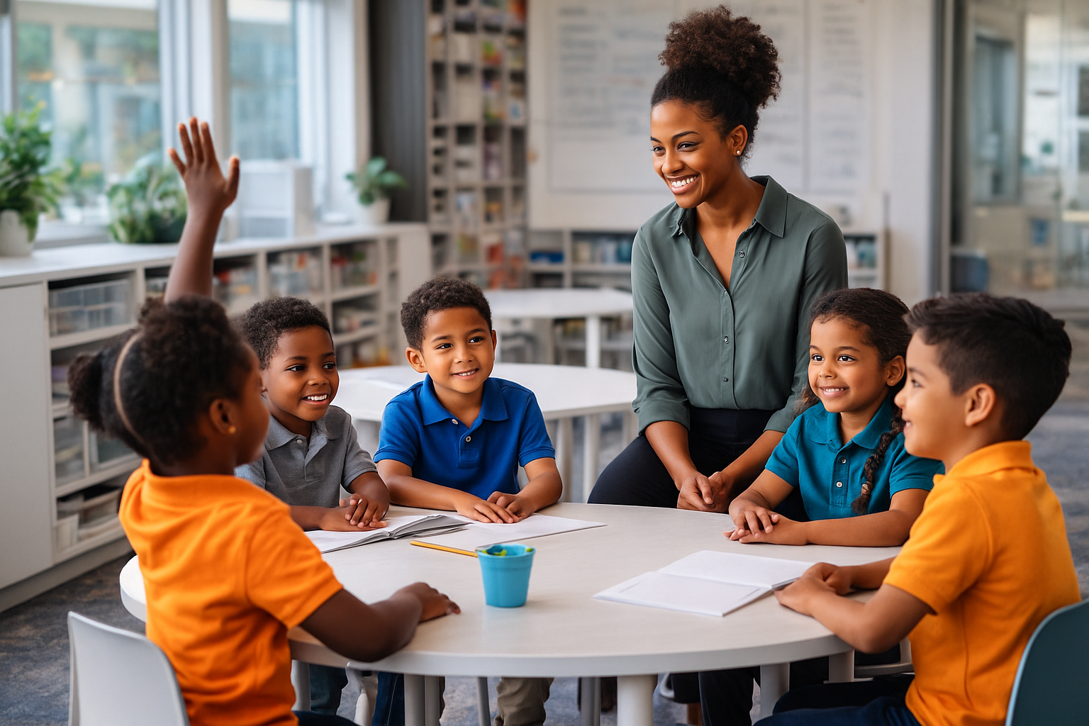 A teacher and five young students sitting around a table in a classroom, one student raising their hand, all smiling and engaged.