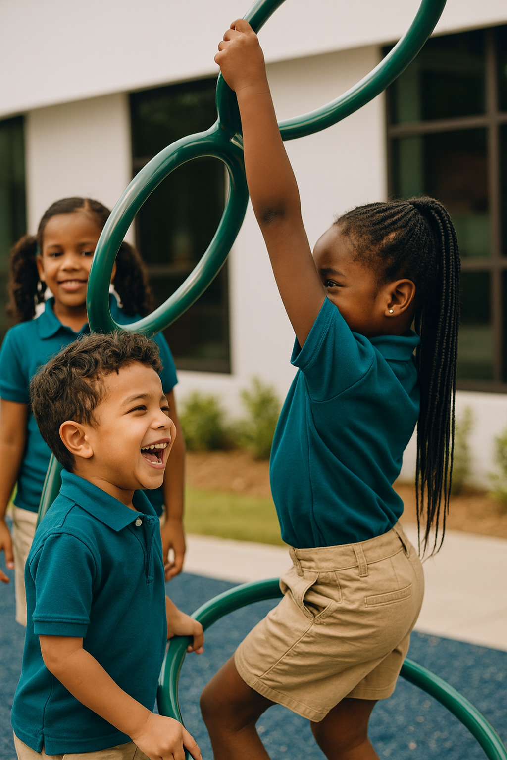 Kids playing on a playground with two girls holding onto a green ring structure and a boy laughing in front of them.