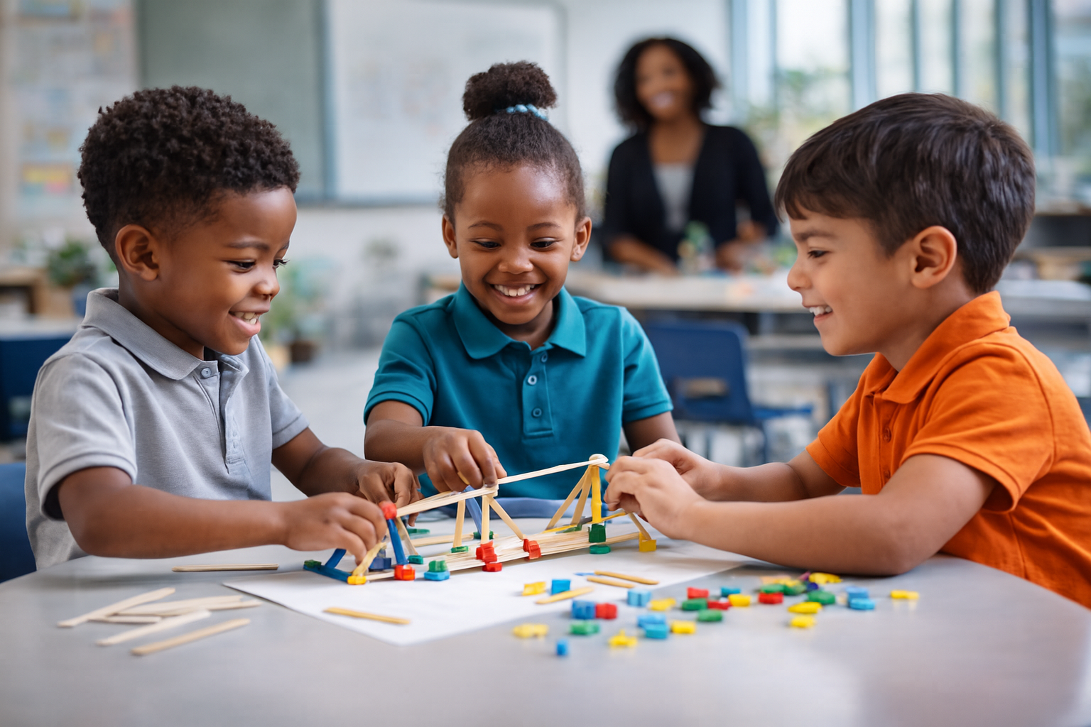 Three children playing with colorful building blocks and wooden sticks at a table in a classroom, smiling and having fun.