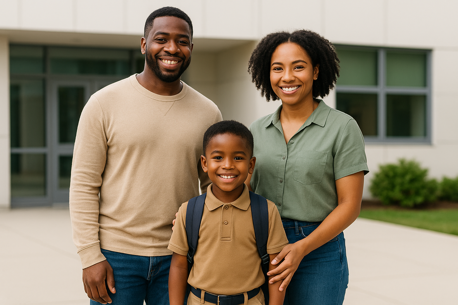A smiling family of three standing outside a school building, mom, dad, and son in casual clothing.