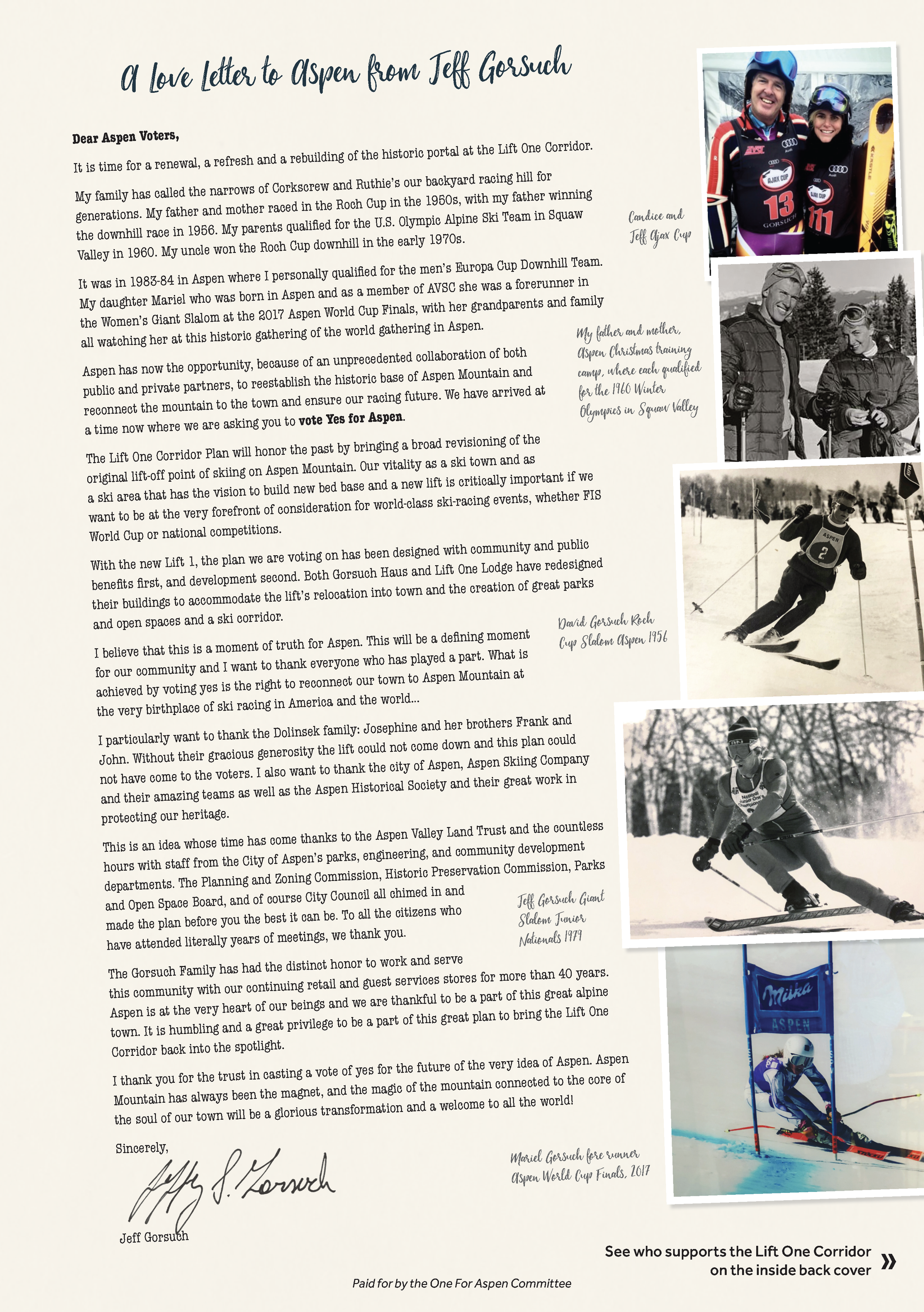 A letter from a realestate investor to the Aspen Voters. There is a colage of vintage ski photos on the right hand side.