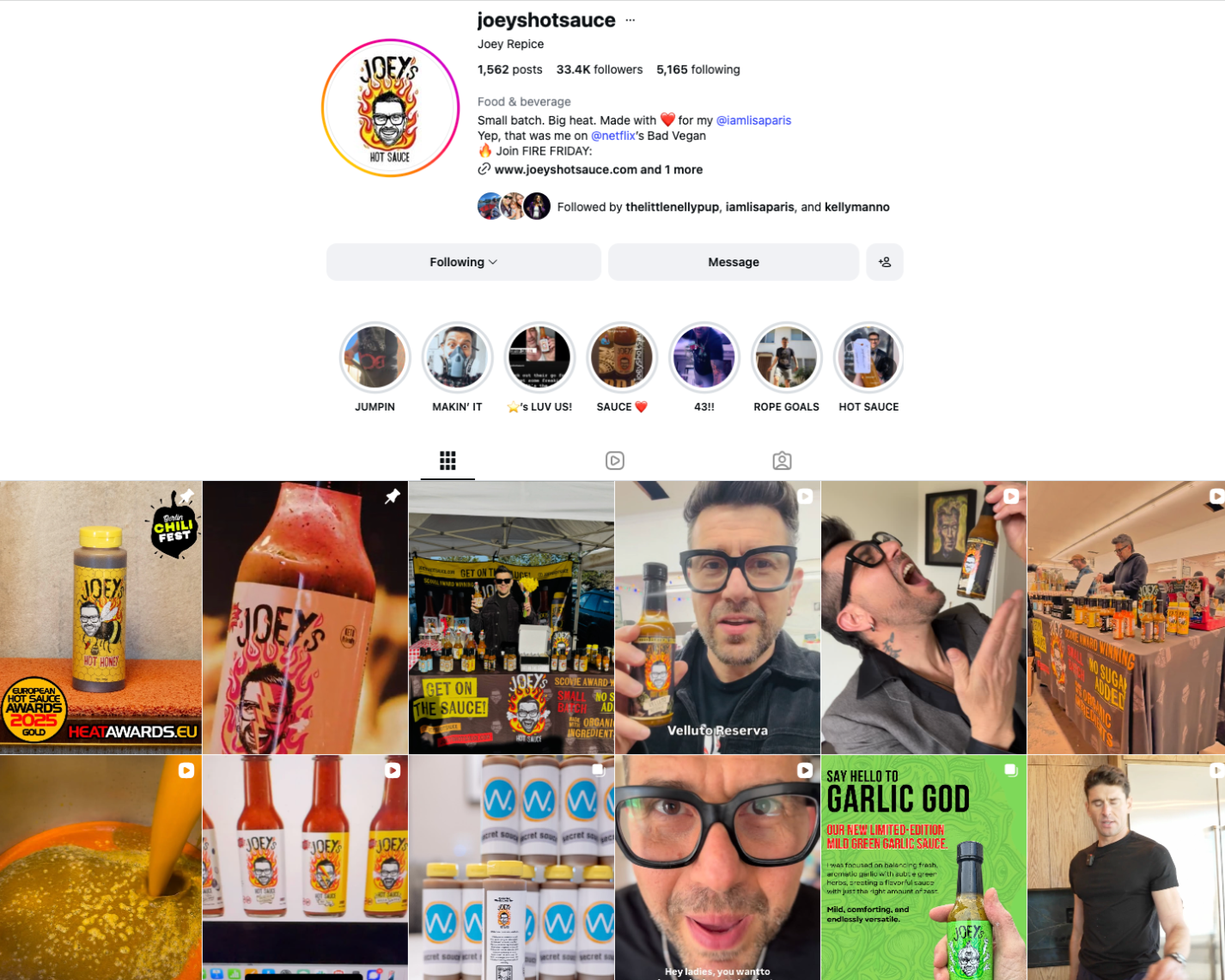 Instagram profile page of Joey's Hot Sauce, featuring images of hot sauce bottles, people tasting hot sauce, and promotional content for garlic and other flavors.