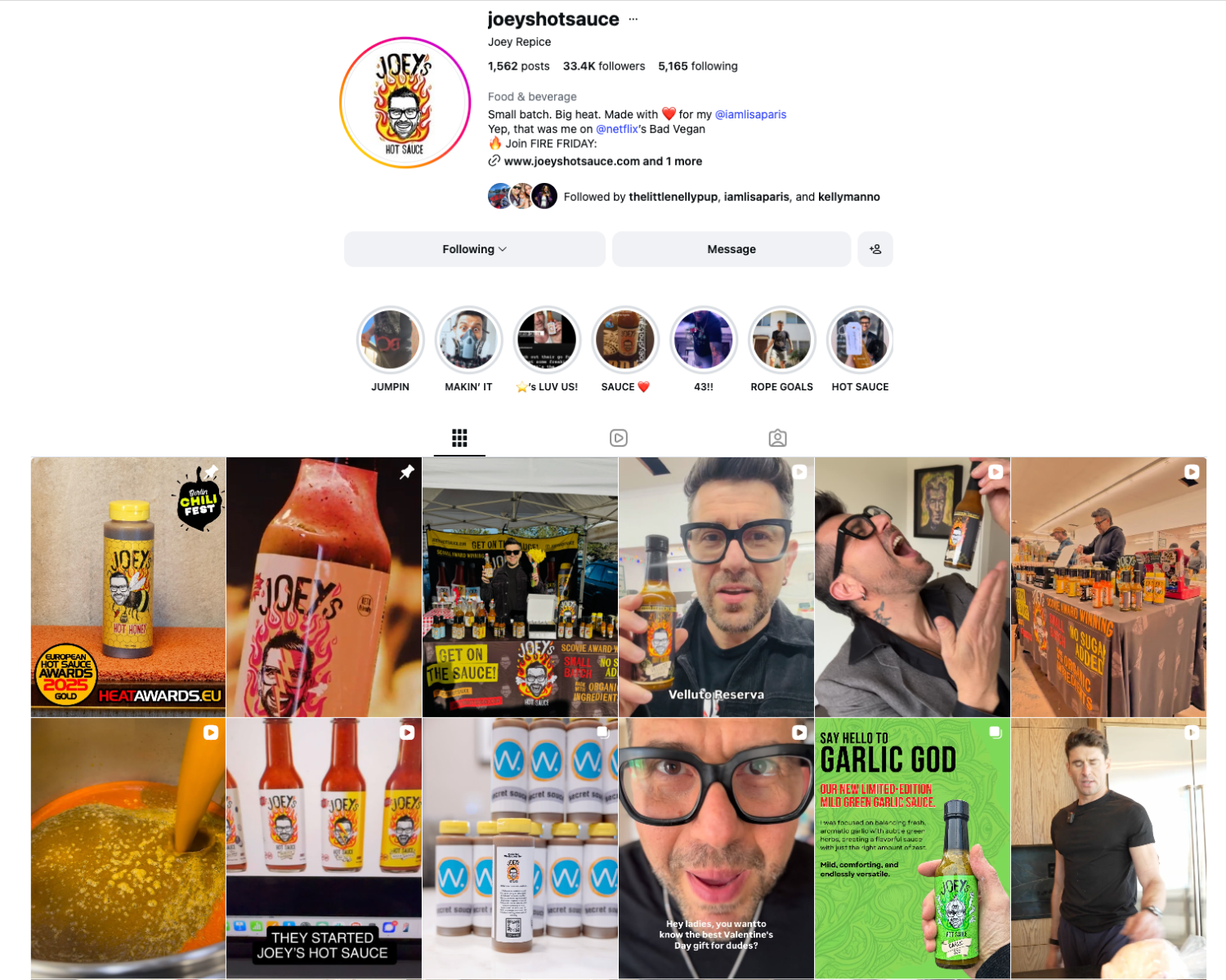 A collage of images promoting Joey's hot sauce, including bottles, a person holding a bottle, a display table, and promotional graphics with text about the sauce's awards, flavors, and ordering information.