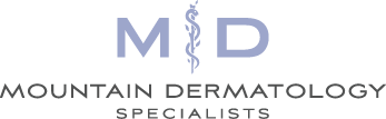 Logo for Mountain Dermatology Specialists, featuring a stylized caduceus with 'MD' on either side.