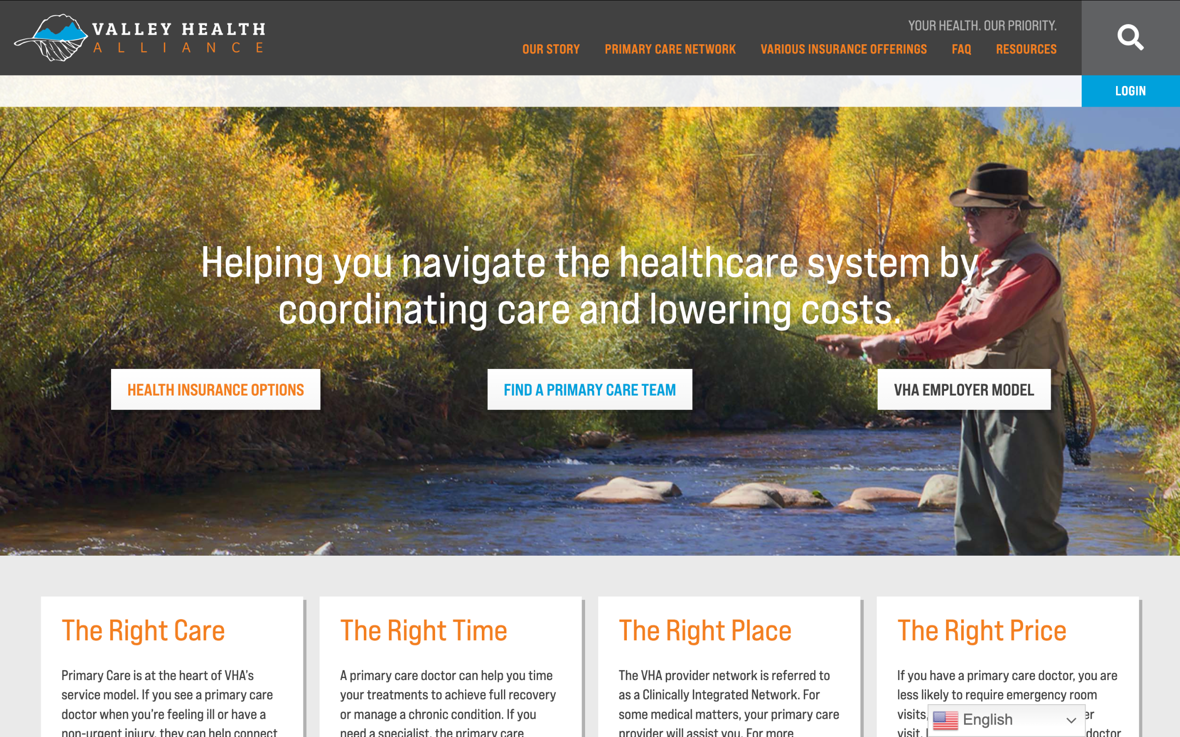 Valley Health Alliance website homepage with a scenic outdoor background of a person fishing in a river surrounded by colorful autumn trees, and navigation options for healthcare services.