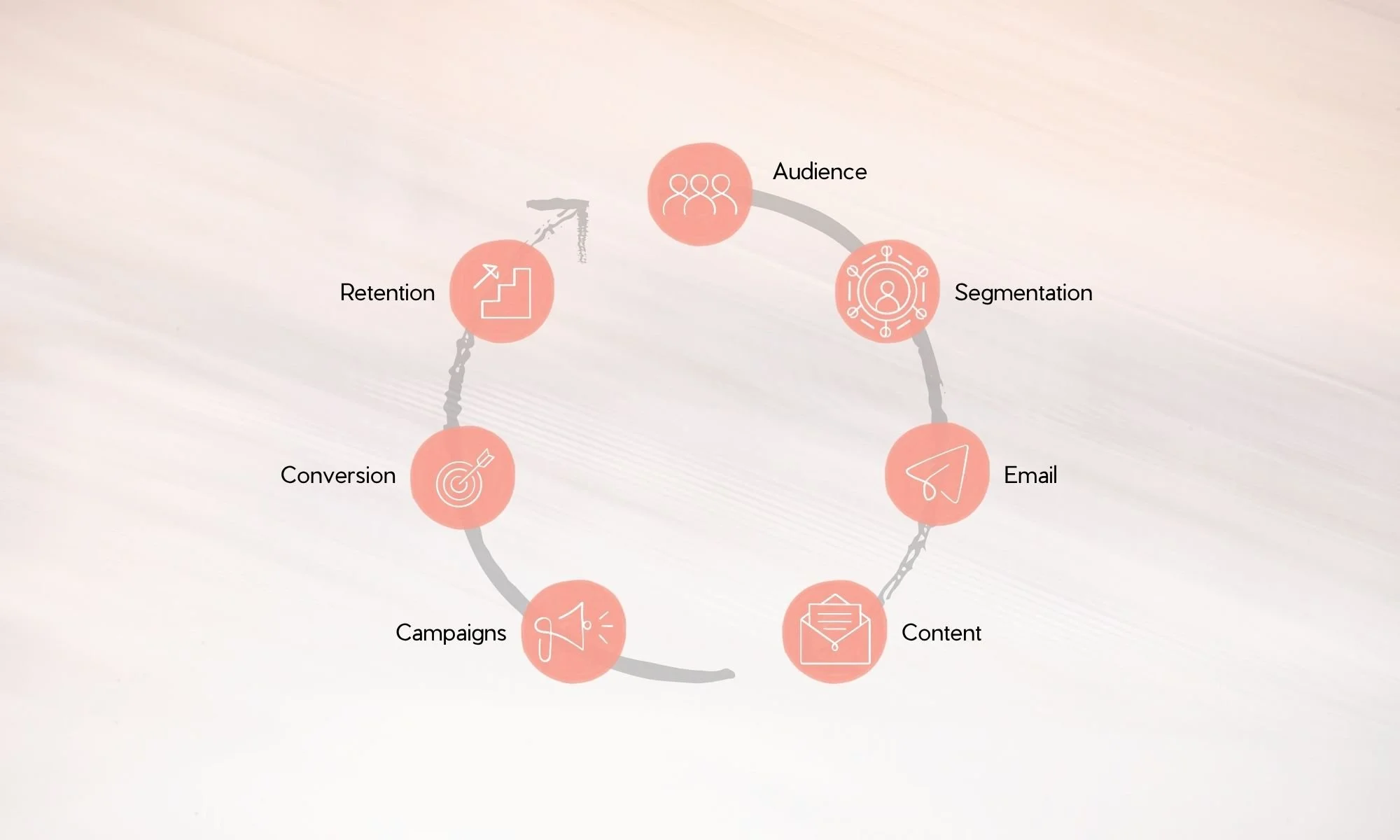 A circular diagram illustrating the customer journey and marketing process, with steps including Audience, Segmentation, Email, Content, Campaigns, Conversion, Retention, and finished at Audience, showing the cyclic nature of the process.