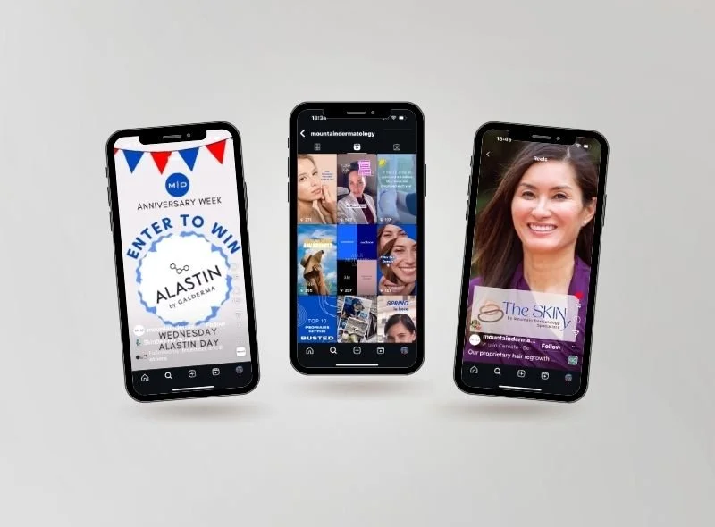 Three smartphones displaying social media content against a plain background.