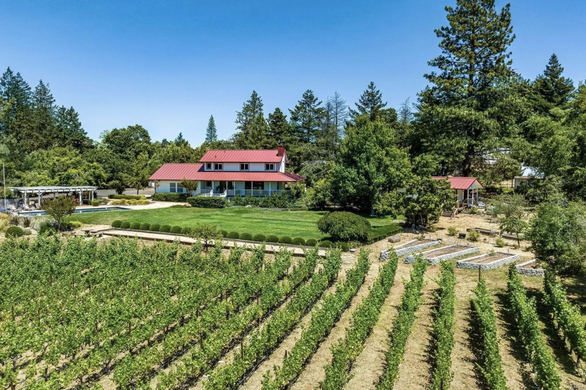 A house with a red metal roof surrounded by green trees, a well-maintained lawn, and a vineyard in the foreground.