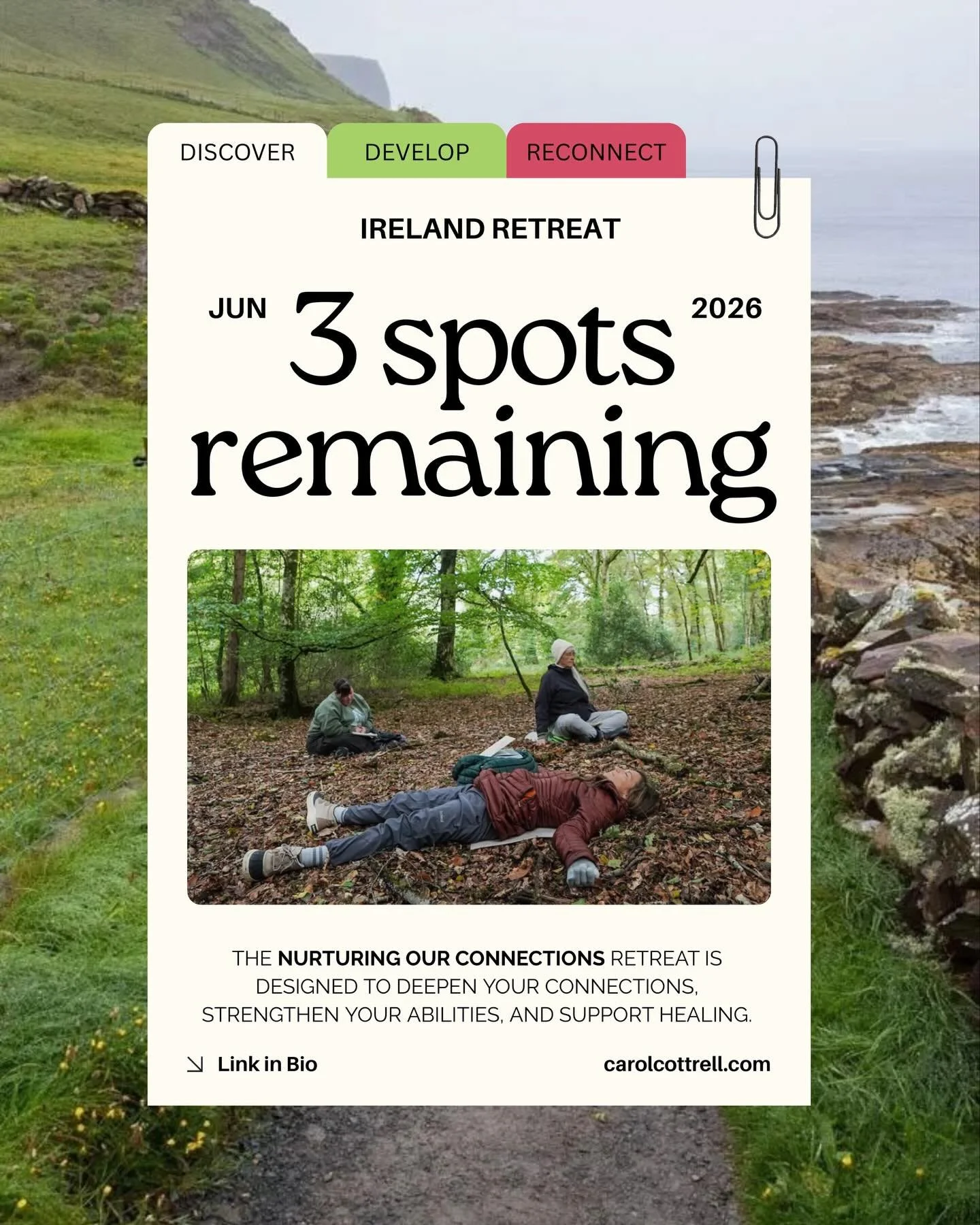 Only 3 spots left for the Ireland Retreat 🇮🇪

✔ Deepen your intuitive abilities
✔ Strengthen your connection to yourself + others
✔ Experience guided healing in an immersive setting

Register by April 15 and receive complimentary access to The Esse