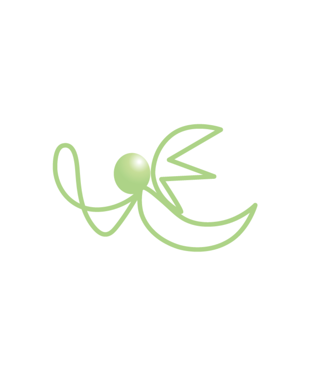 A stylized, light green line drawing of an angel with a round head, wings, a crescent moon body, and a curved tail, set against a white background.