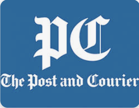Logo of The Post and Courier with initials 'PC' in gothic font on blue background.