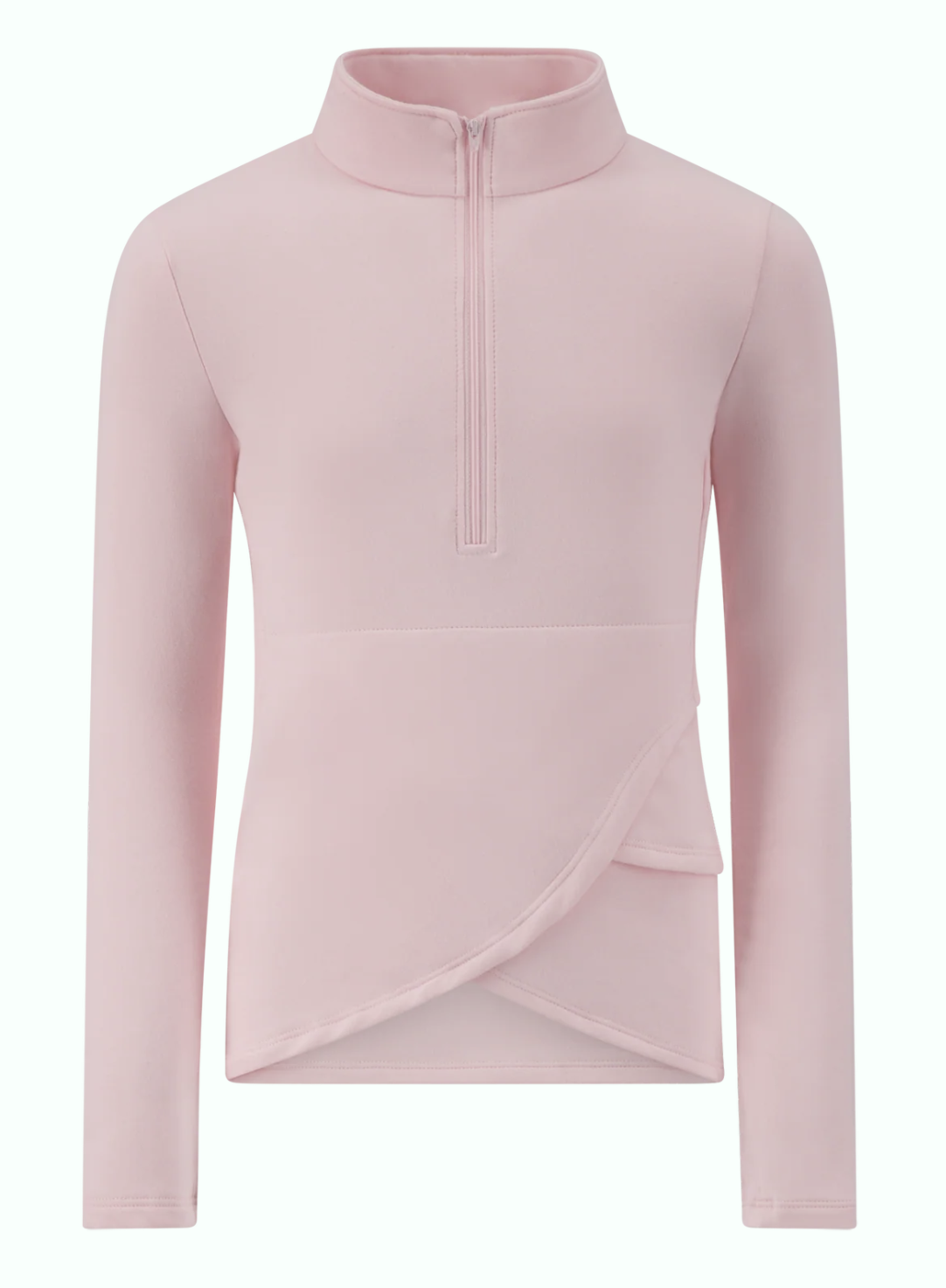 Light pink quarter-zip athletic top with a high collar and asymmetric hem.