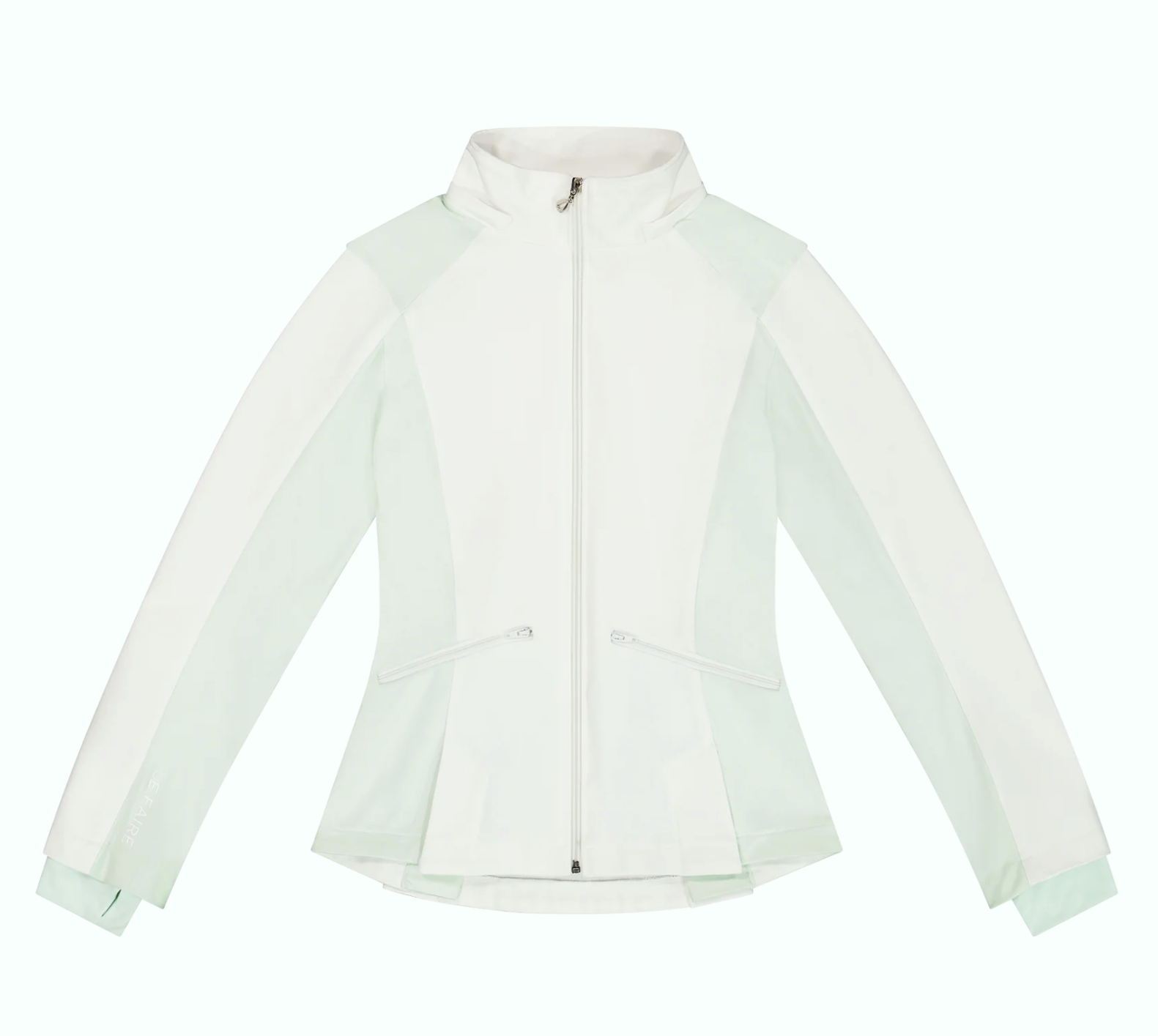 White sports jacket with a high collar and zip closure, featuring light green accents on shoulders and sleeves, and zippered pockets.