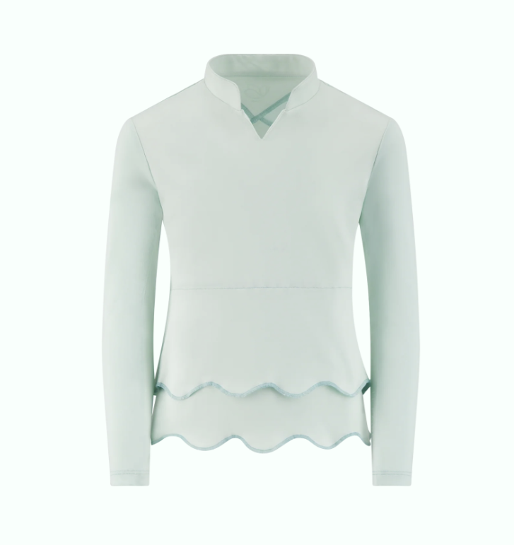 White long-sleeve shirt with a mandarin collar and scalloped hem detail.