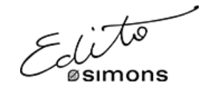 Handwritten text saying 'Edito' with a stylized signature style, and the word 'simmons' with a small circle over the 'o'.