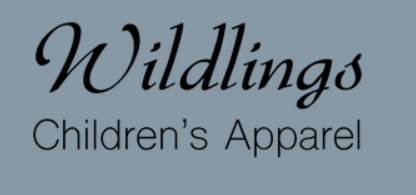 Logo for Wildling's Children's Apparel with black cursive and gray text on a light blue background.
