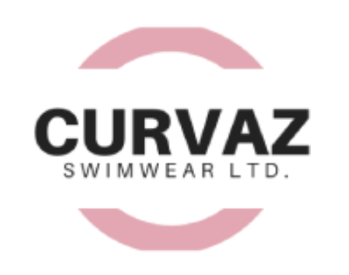Logo for Curvaz Swimwear Ltd. featuring black text and pink semi-circular design elements.