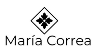 Logo with a black flower inside a diamond shape above the text 'María Correa'