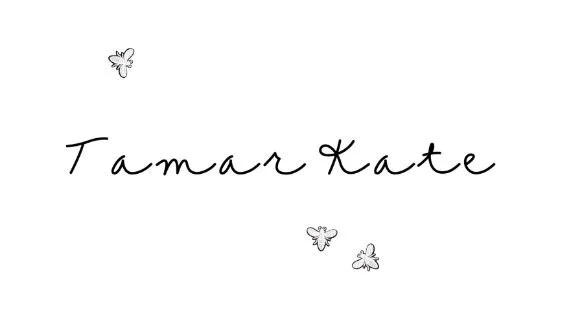 Typography of the name 'Tamar Kate' with three small butterflies surrounding the text on a white background.