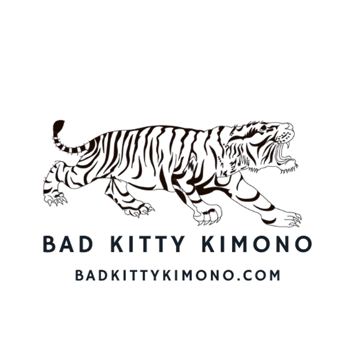 Dark background logo for "Bad Kitty Kimono" featuring an orange and black striped tiger illustration with the website address badkittykimono.com below.