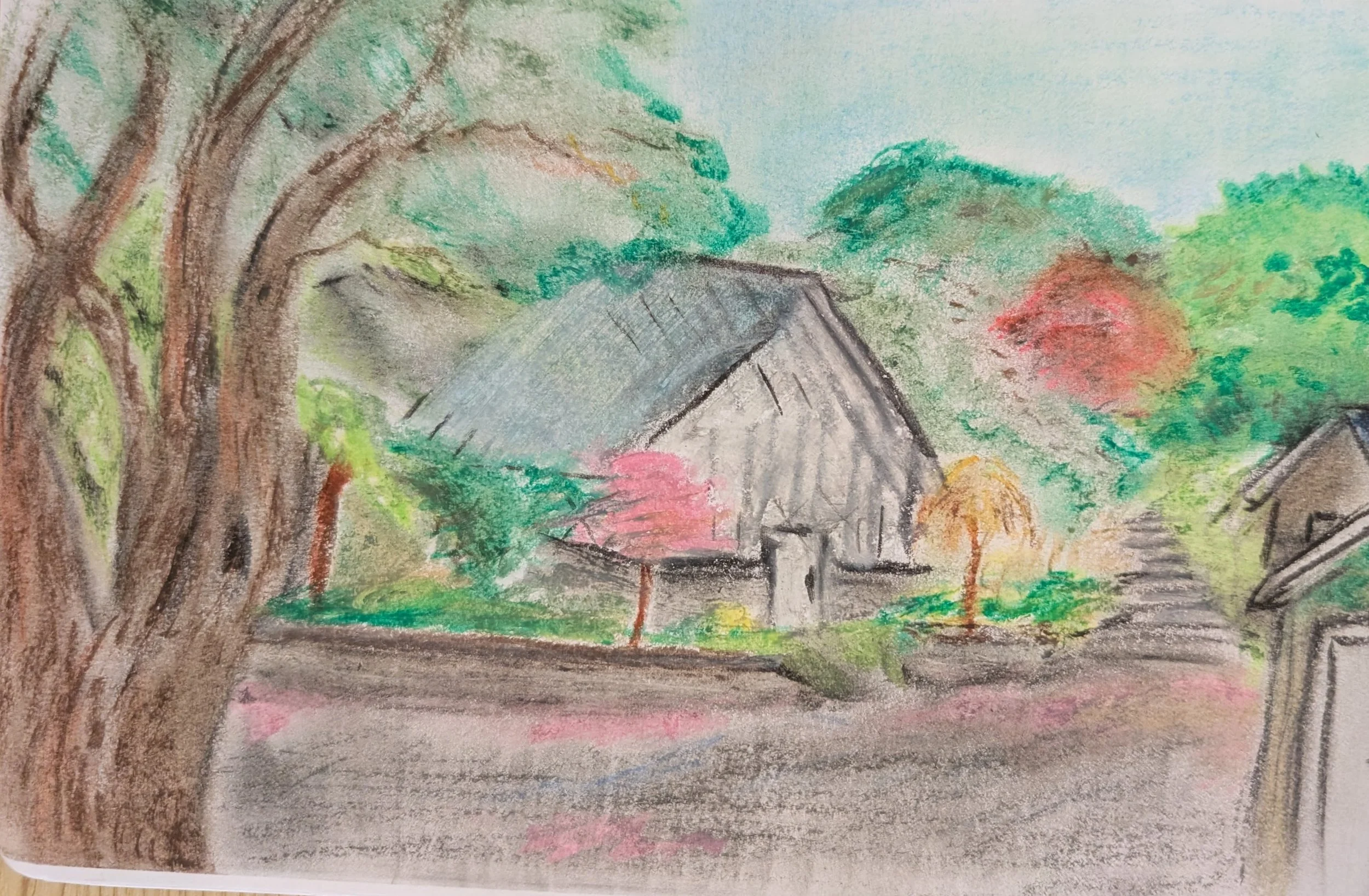 Pastel drawing of a greenhouse surrounded by trees and shrubs