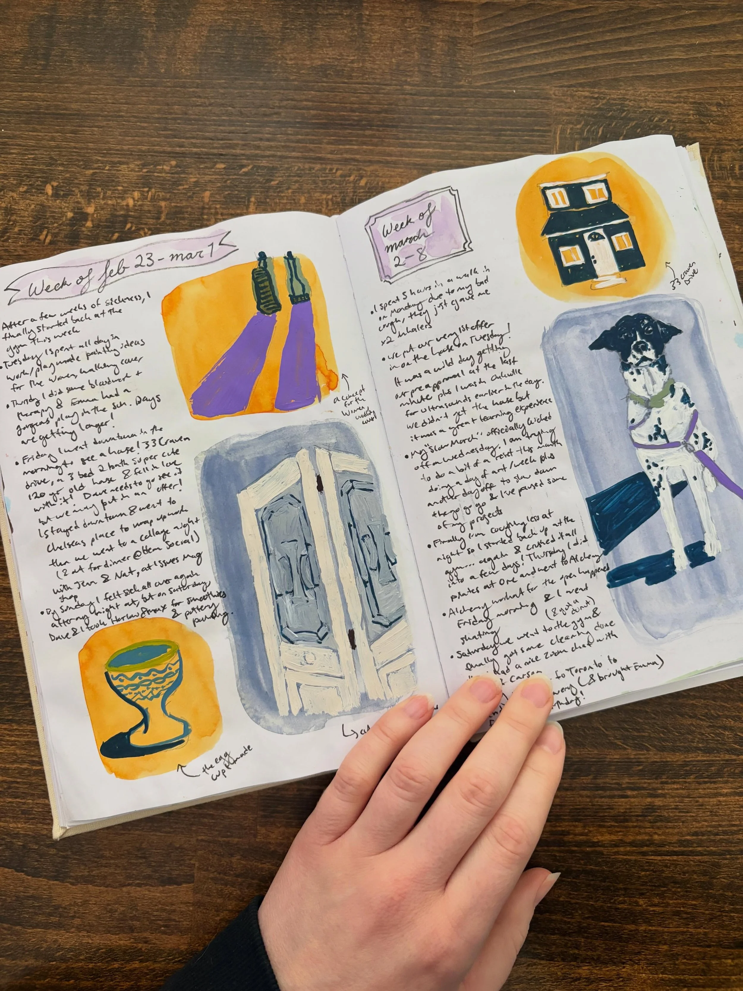 I have recently taken up visual journaling. Sometimes a spread is dedicated to a week, other times, a page covers 2 weeks. In order to keep at it, I have made sure I&rsquo;m not too strict about the parameters, but I am enjoying it as a place to make