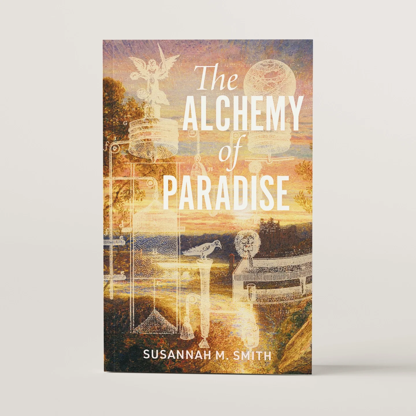 This cover features an old alchemical diagram layered on top of a painting of an idyllic pastoral landscape.