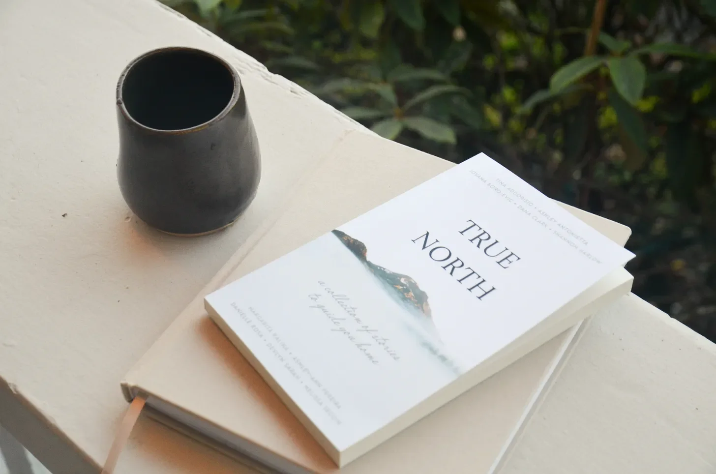 a photo of a book designed by fleck creative studio on top of a journal with a coffee on the railing of a deck