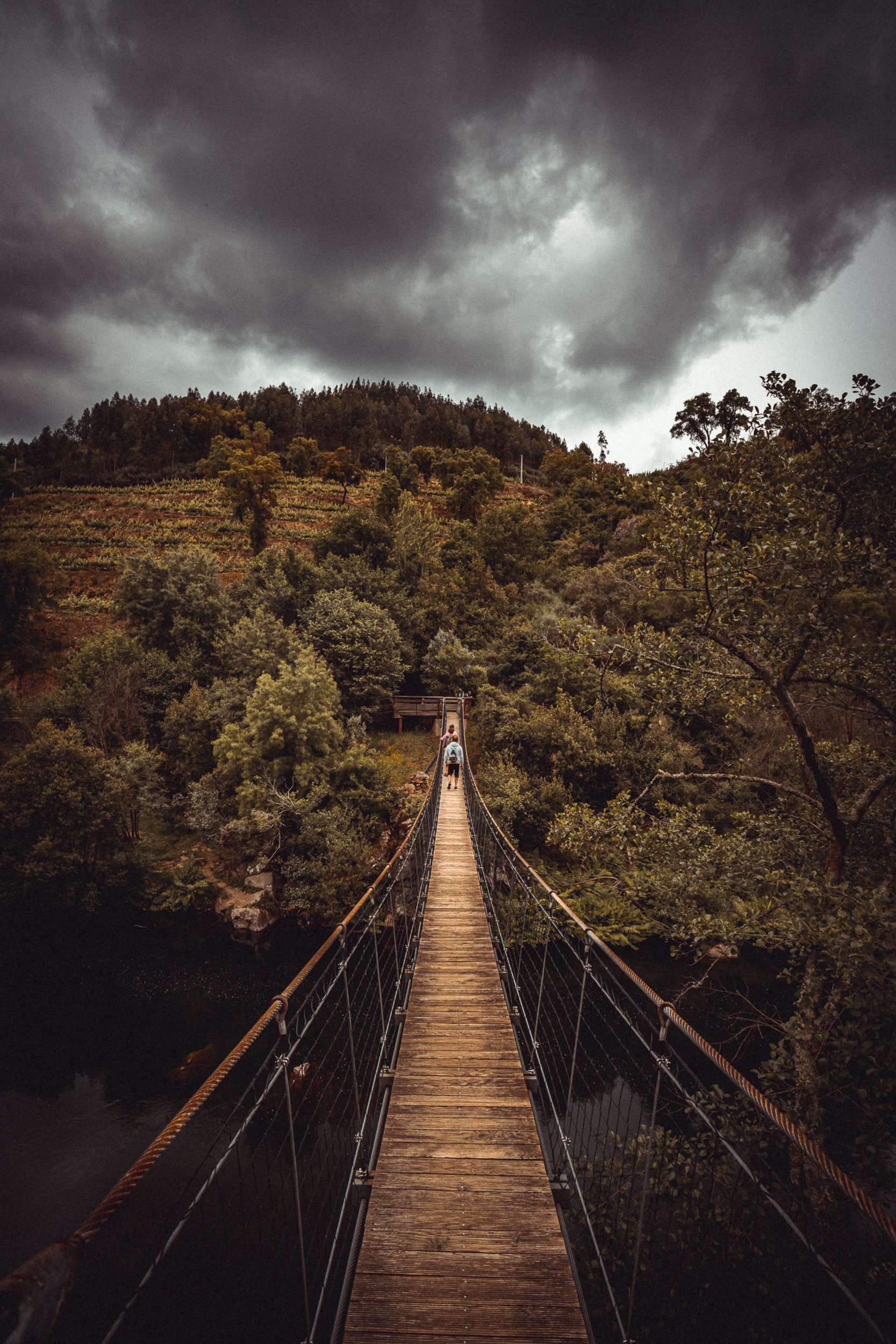 Ponte suspensa de madeira sobre um rio com vegetação ao redor, céu nublado e montanhas ao fundo.