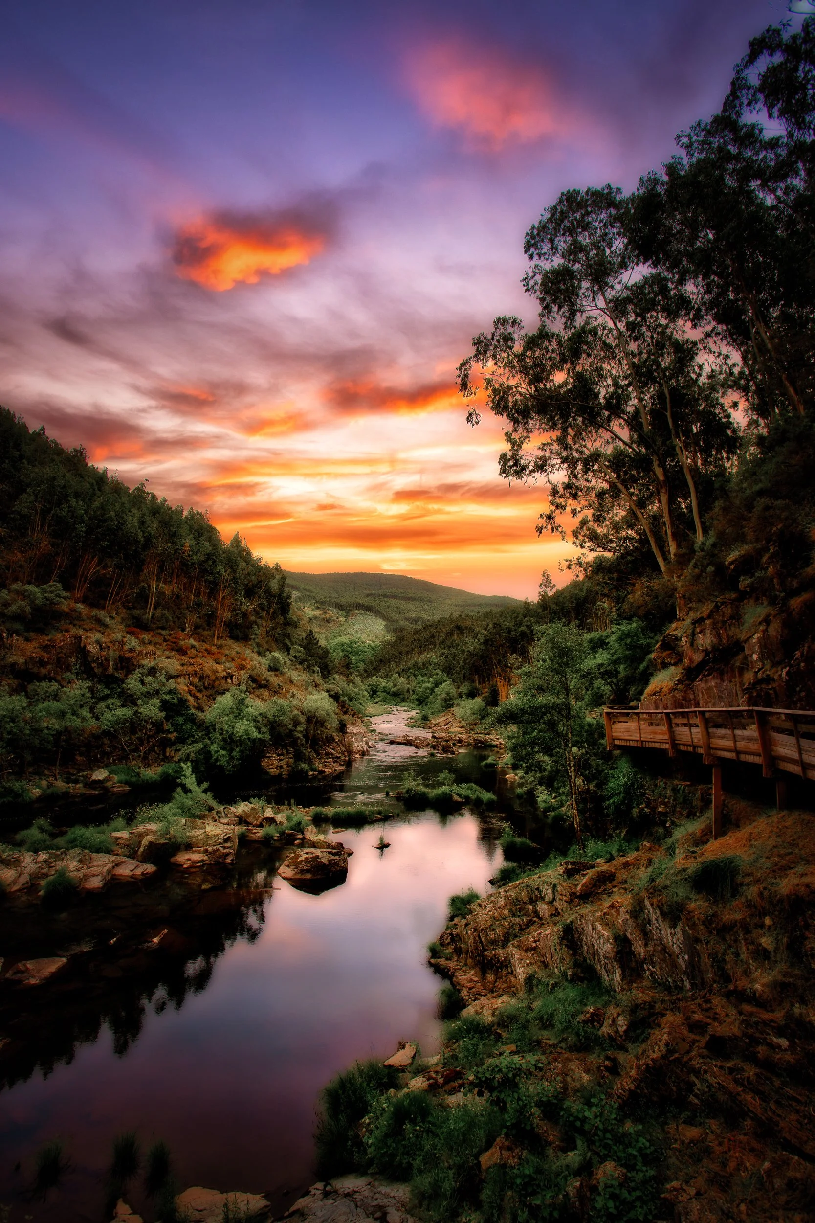 Paisagem com rio, árvores e céu ao pôr do sol, com nuvens coloridas no céu.