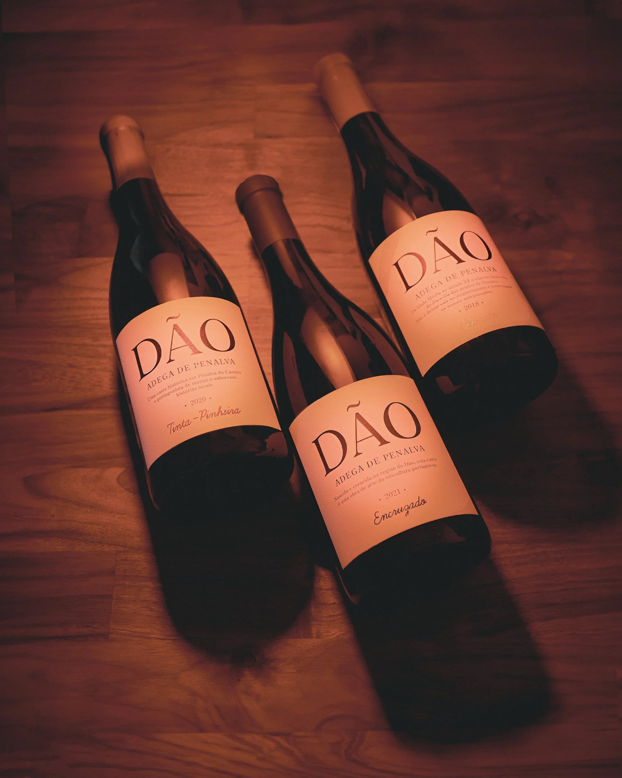 Três garrafas de vinho artesanal da Adega de Penela com rótulos diferentes, dispostas sobre uma superfície de madeira, sob luz quente.