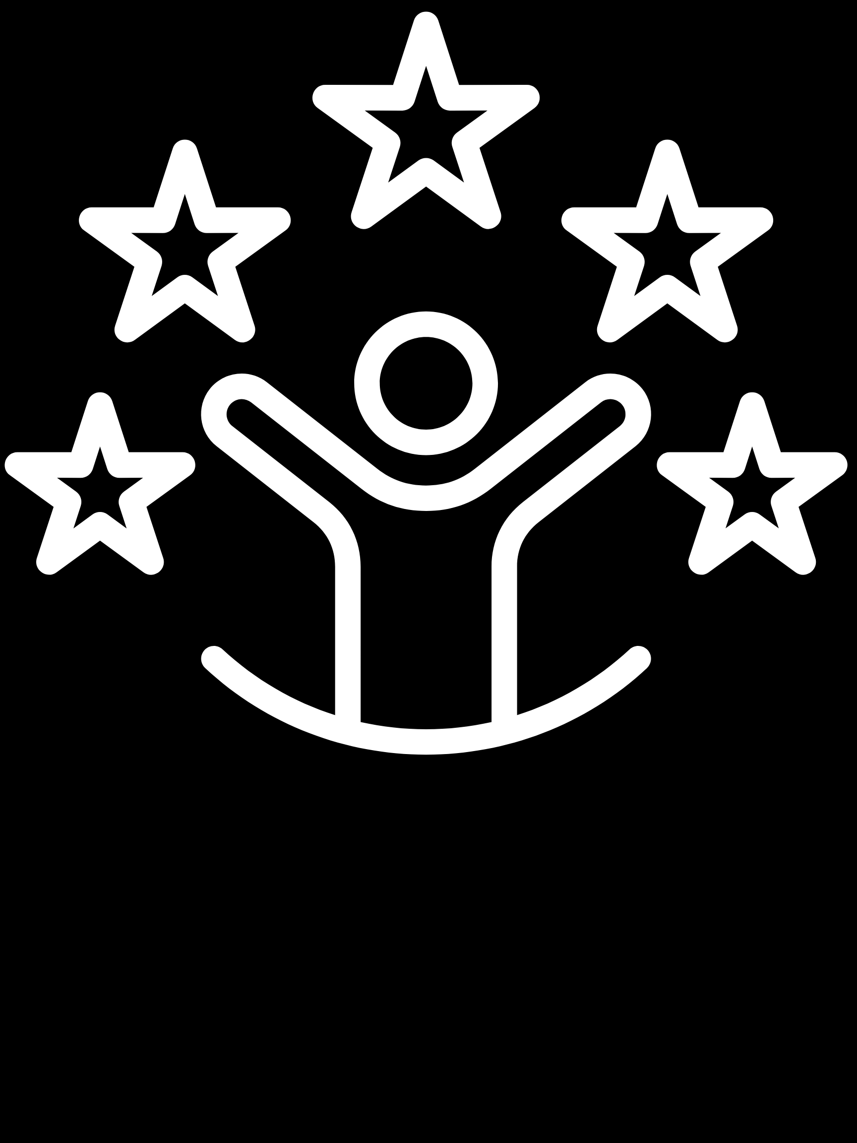 A simple line drawing of a person with raised arms surrounded by five stars on a black background.