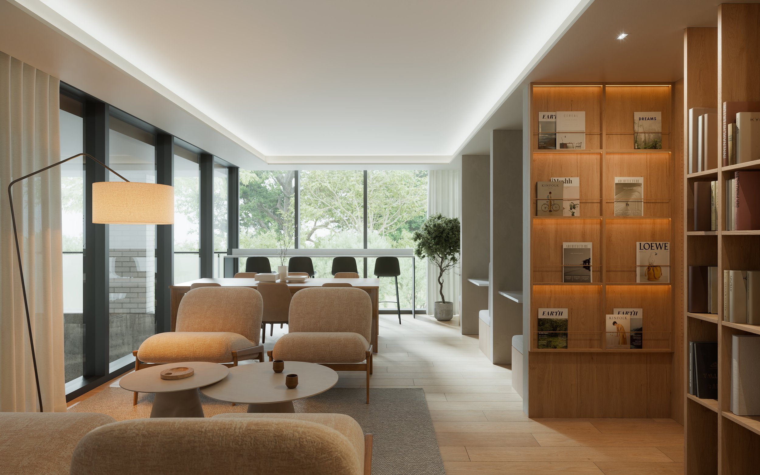 Interior of a modern apartment at Boisé Boisé in Bois-Franc, with large windows, beige living room furniture, wooden built-ins, and natural light