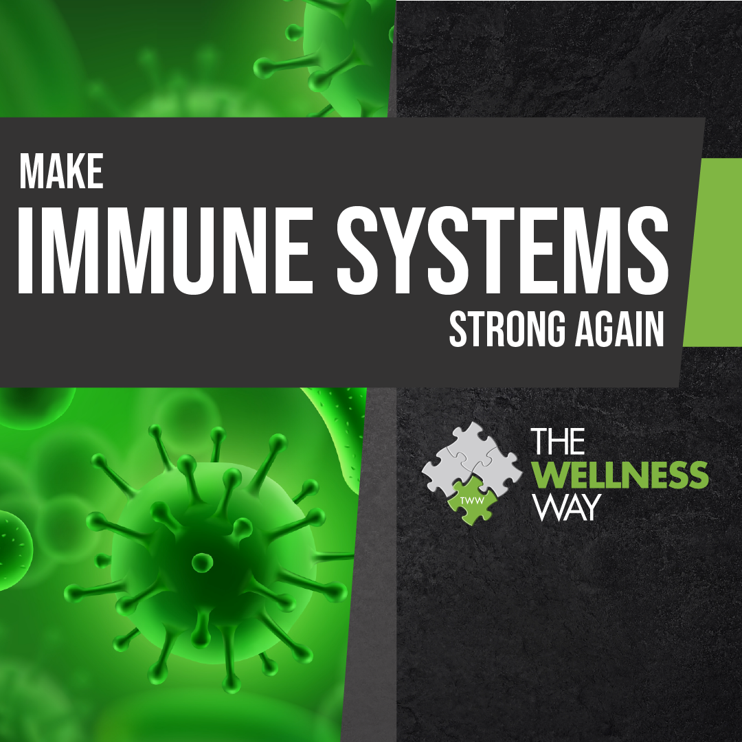 A promotional graphic encouraging immune system health with images of green virus-like particles, and text saying 'Make Immune Systems Strong Again' and 'The Wellness Way' logo.