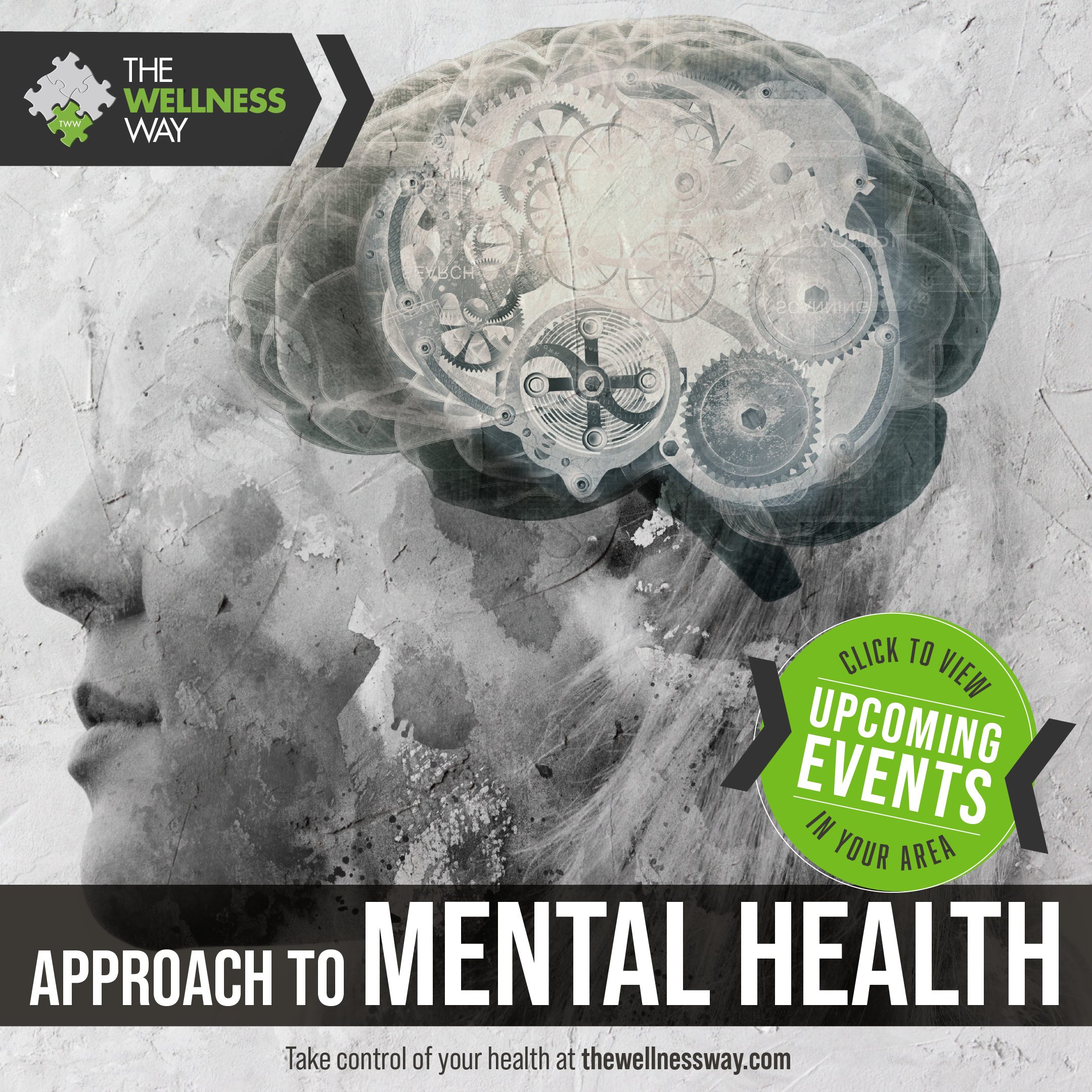 A grayscale profile of a woman’s head with a transparent overlay of gears and clocks inside her brain, colorful logos and text promoting mental health events and wellness website.