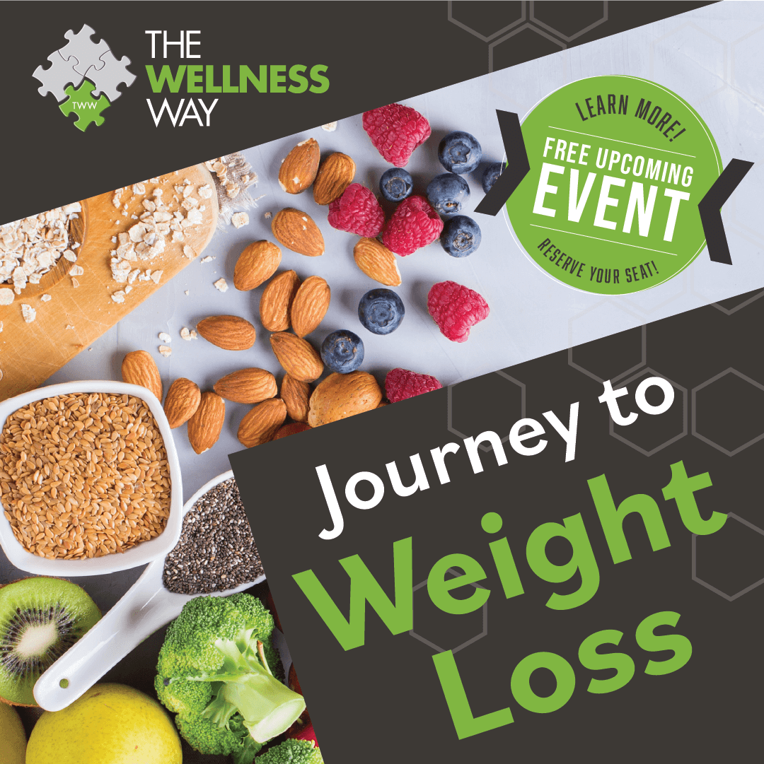 A promotional poster for 'The Wellness Way' featuring healthy foods like berries, almonds, flaxseeds, broccoli, kiwi, and an oat-based snack. It advertises a free upcoming event on weight loss with a reservation prompt.