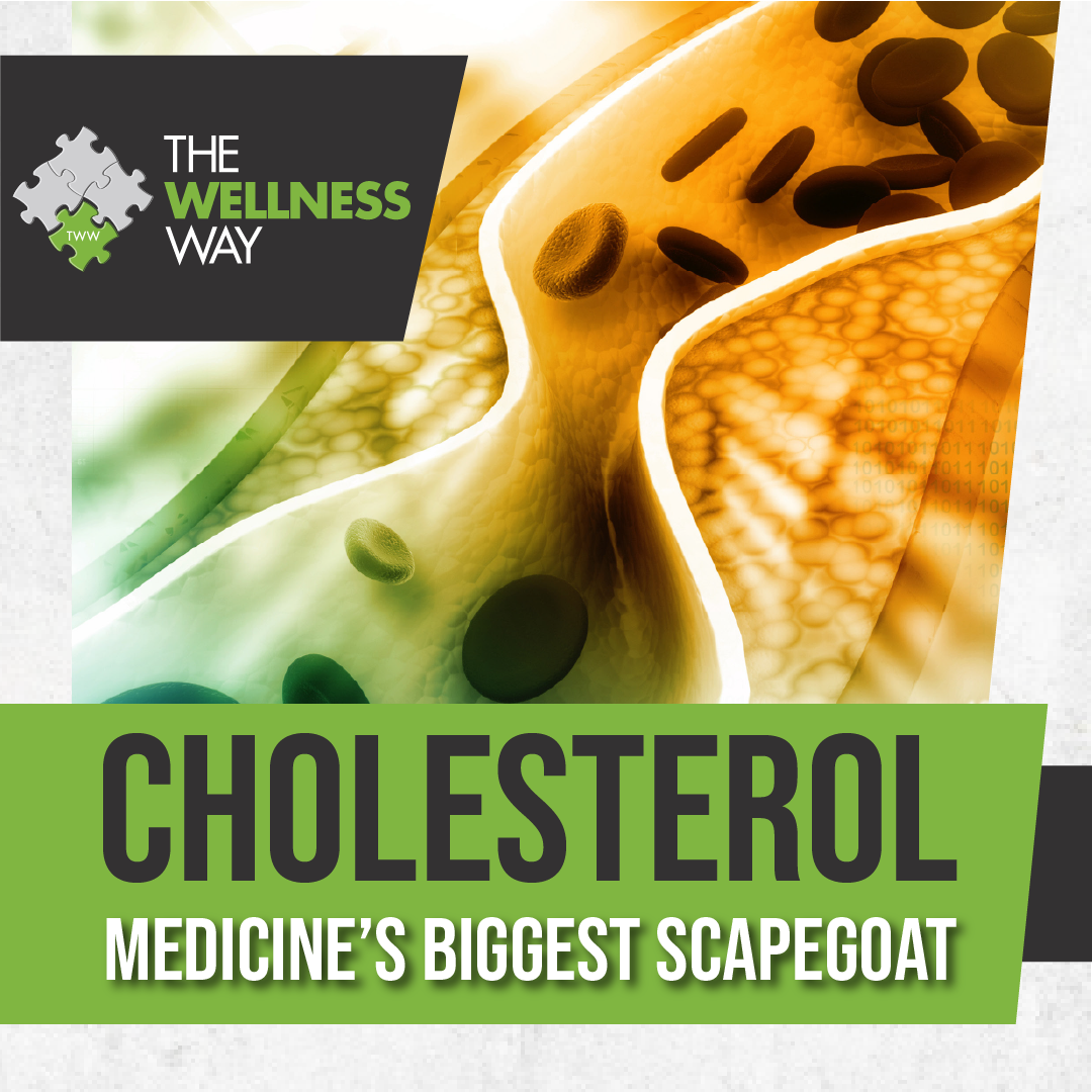 Close-up illustration of a cross-section of an artery showing cholesterol deposits and blood cells with text overlay about cholesterol and wellness.