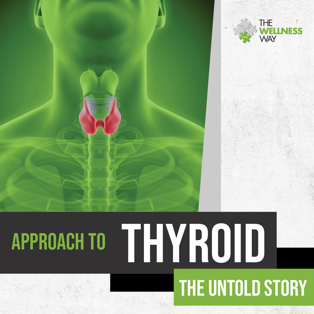 Illustration of a human neck showing the thyroid gland in red, with surrounding anatomical structures, on the cover of a health booklet titled "Approach to Thyroid: The Untold Story" by The Wellness Way, featuring a logo with puzzle pieces.