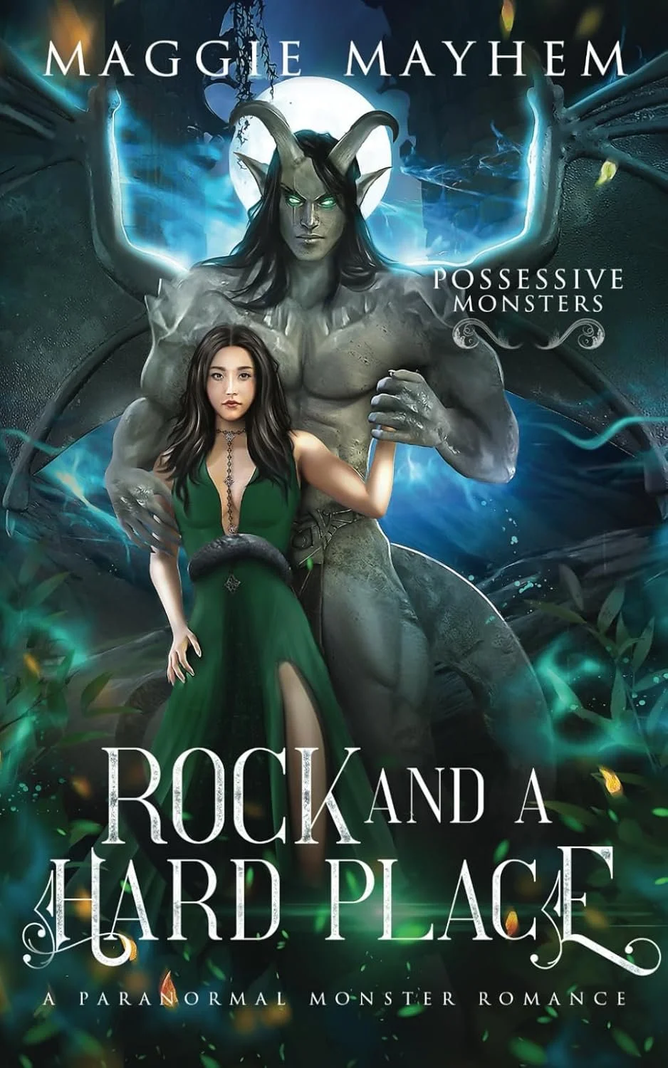 Book cover for 'Rock and a Hard Place' by Maggie Mayhem, depicting a woman in a green dress with a fantasy creature with horns and glowing eyes behind her, set in a dark, mystical forest with a full moon in the background.