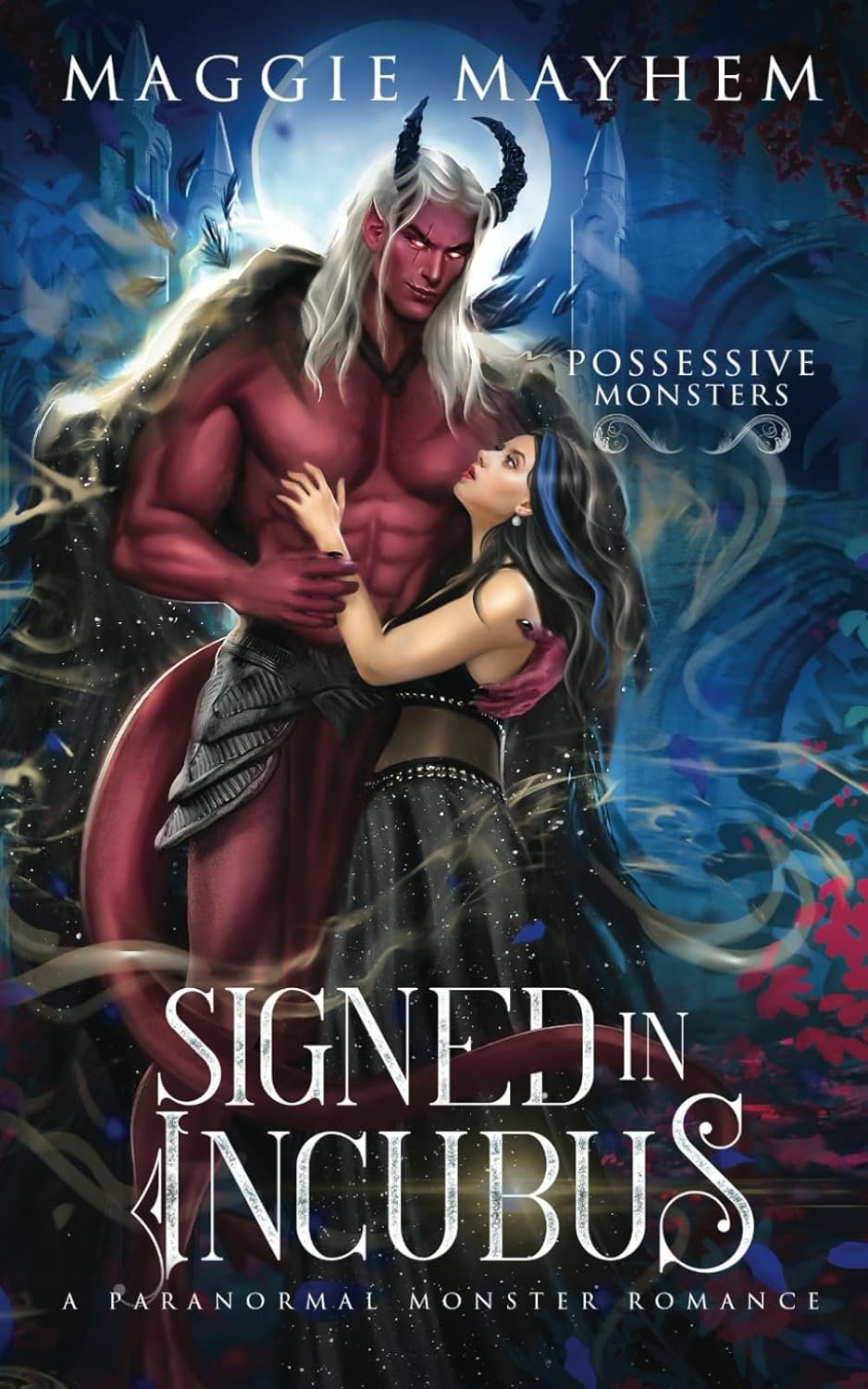Fantasy book cover featuring a red-skinned demon with black horns and long white hair embracing a dark-haired woman with blue streaks, set against a mystical, dark blue background with a moon. The title reads 'Signed in Incubus' and the author is Mag