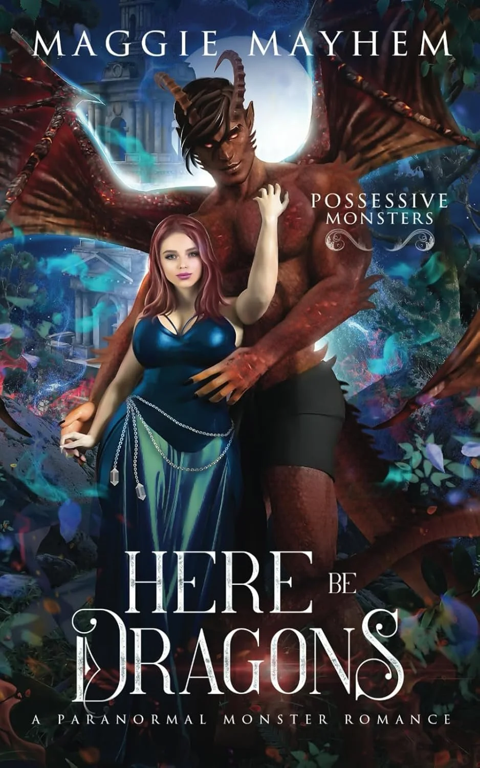 A fantasy book cover featuring a dragon-human hybrid male with bat-like wings, horns, and muscular build, and a red-haired woman in a dark blue dress with futuristic accessories, set against a mystical forest background with a full moon.