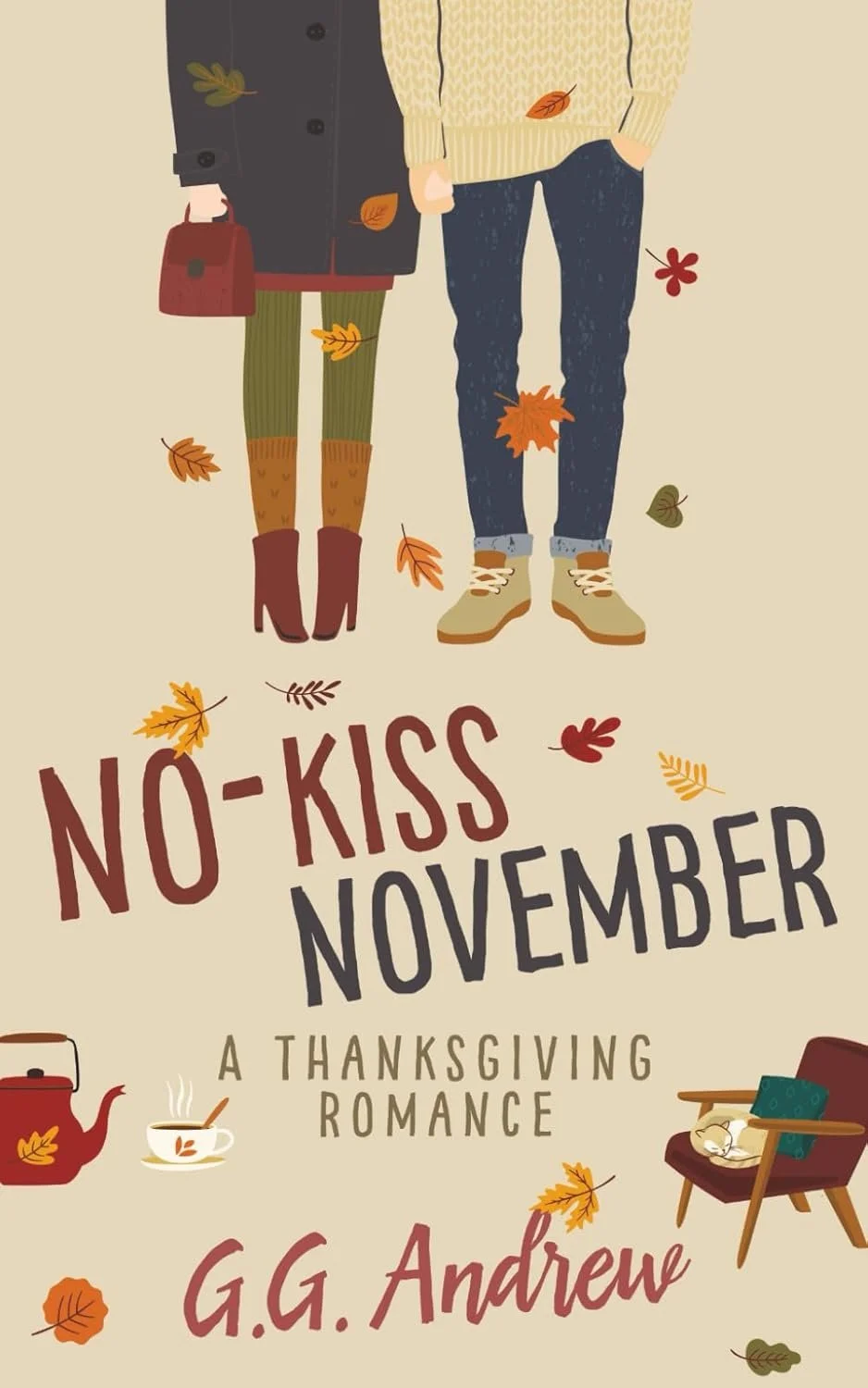 Illustration of a couple standing together in fall clothing, surrounded by falling leaves, with a teapot and tea cup, and a cozy chair with a sleeping cat. The book title is 'No-Kiss November: A Thanksgiving Romance' by G.G. Andrew.
