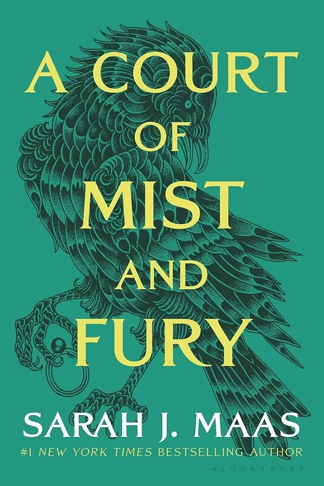Cover of the book titled 'A Court of Mist and Fury' by Sarah J. Maas, featuring a teal background with a detailed illustration of a bird holding a ring in its talons.