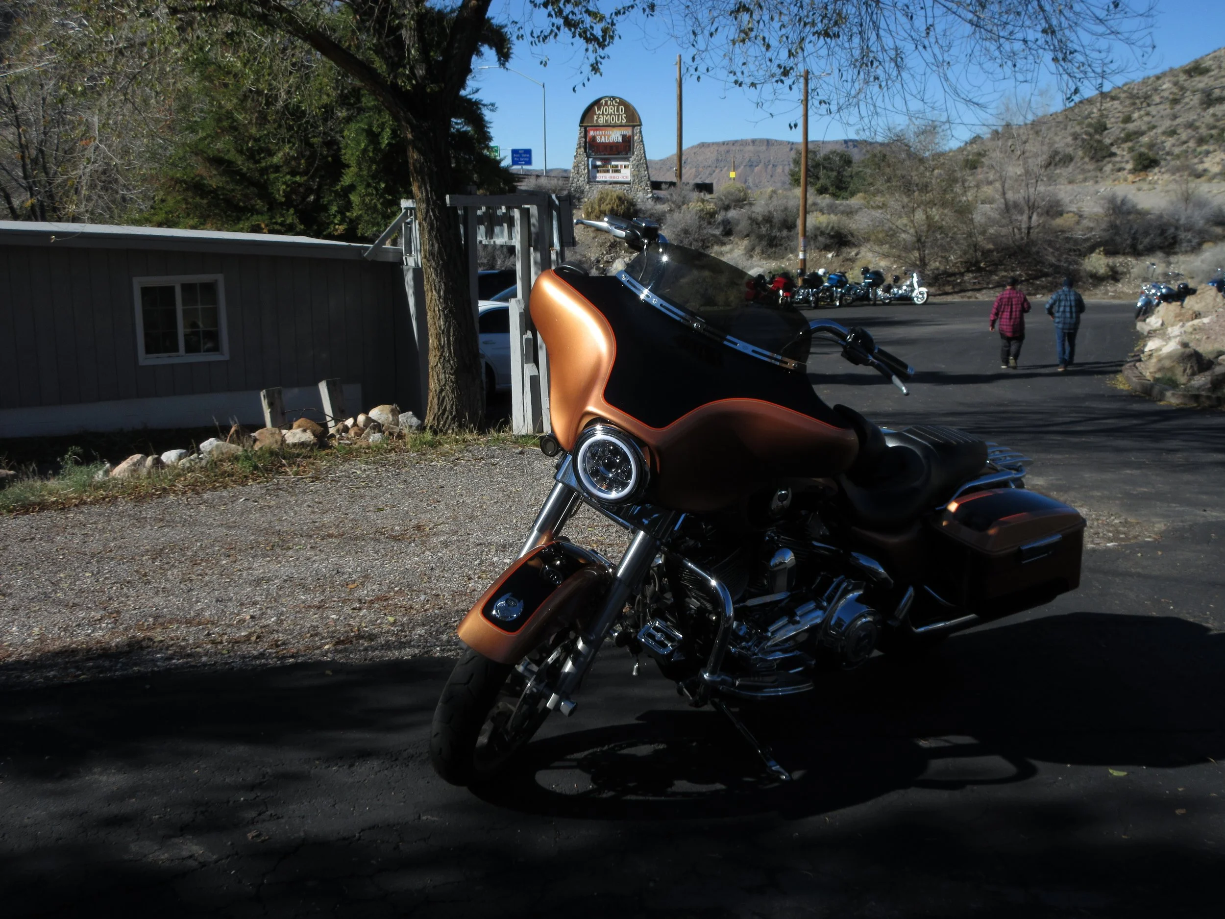 A black and bronze Harley-Davidson motorcycle parked in a driveway with a house and trees in the background. Two people are walking in the distance, with a hillside, parked motorcycles, and a sign that reads 'The World Famous'.