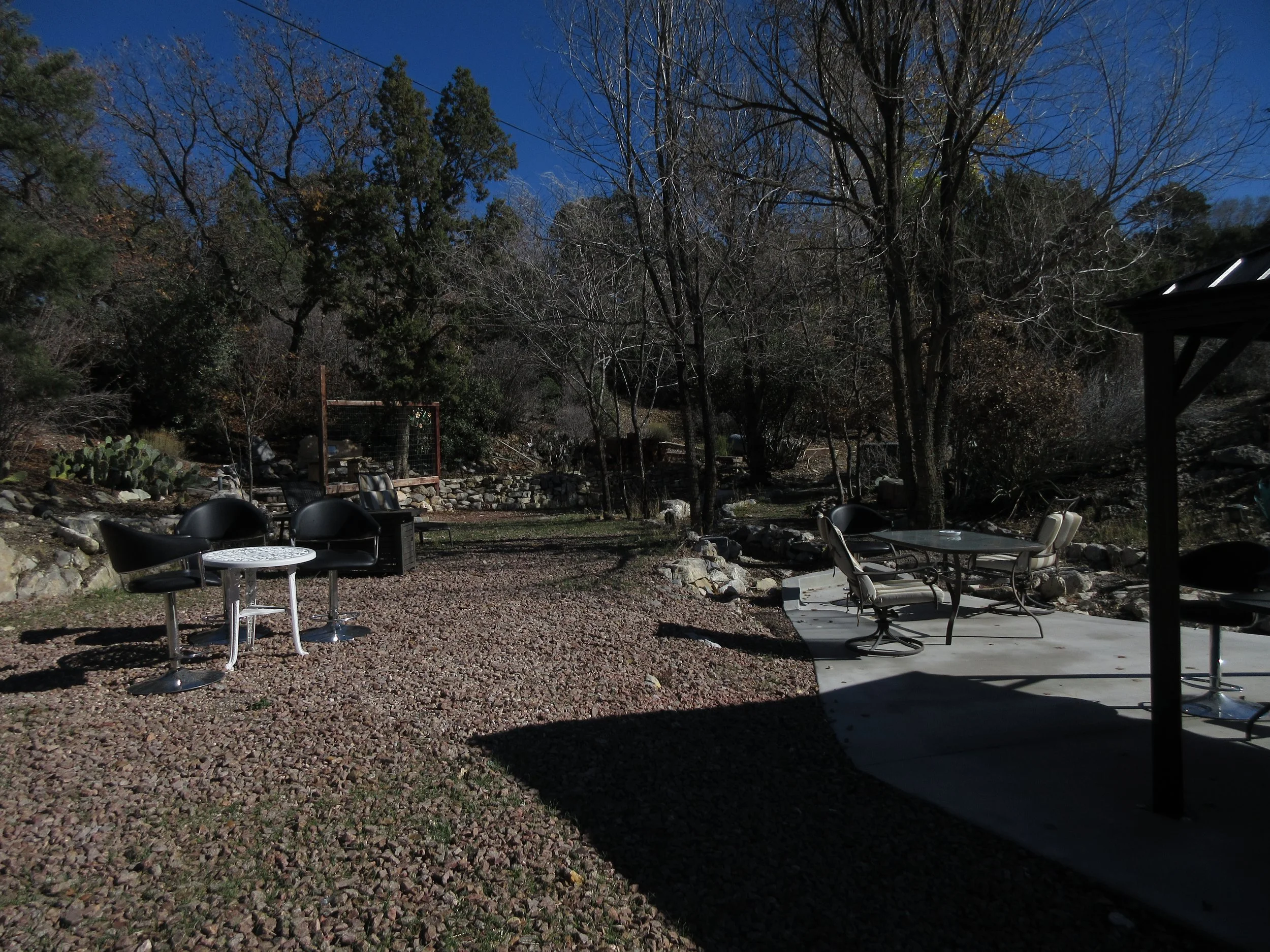 Outdoor backyard with patio furniture, trees, and a clear blue sky.