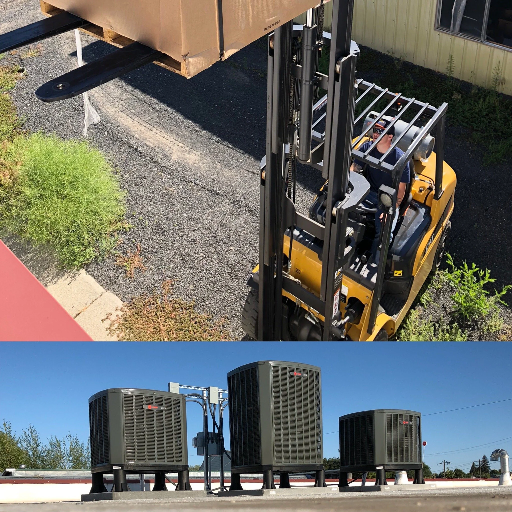 A person operating a yellow forklift lifting a large cardboard box outdoors near a building with green siding and a metal roof, with plants and gravel nearby. The second part shows three HVAC units on a flat roof against a blue sky.