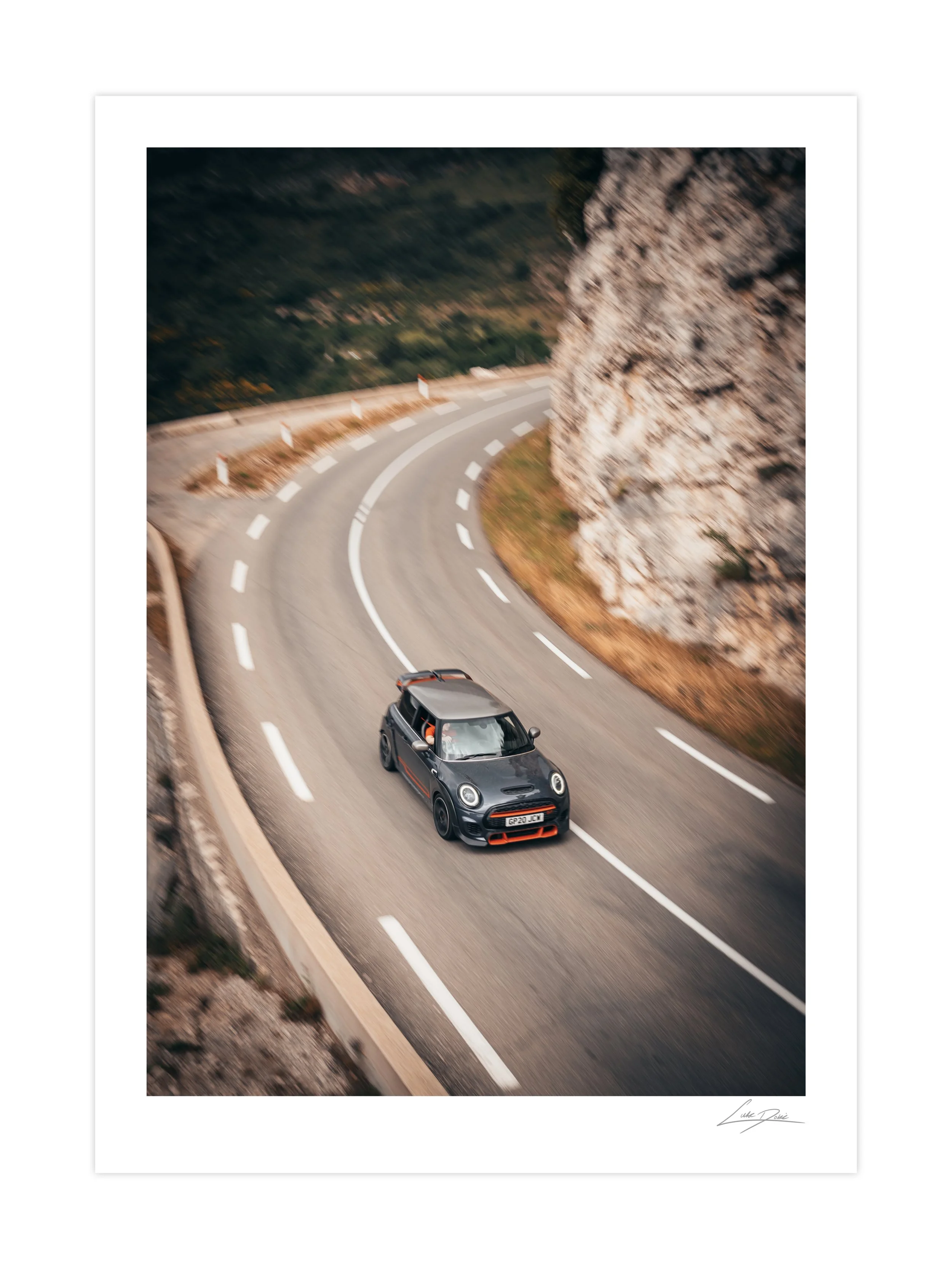 Chasing the Riviera - Fine art print of a Mini GP3 on route Napoleon, perfect for home or office walls